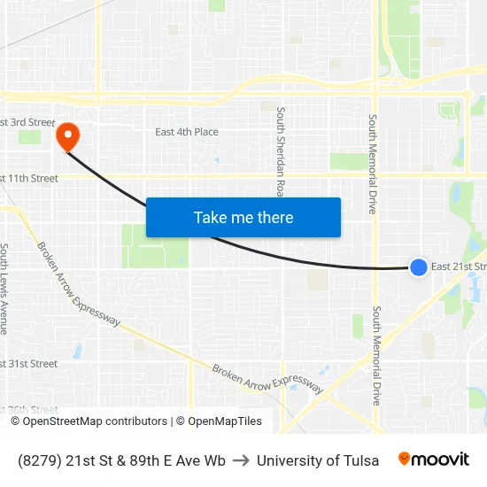(8279) 21st St & 89th E Ave Wb to University of Tulsa map