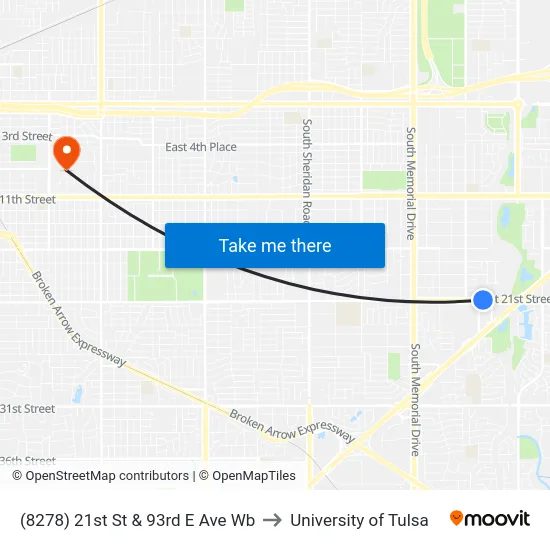 (8278) 21st St & 93rd E Ave Wb to University of Tulsa map