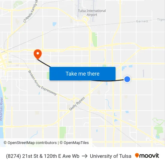 (8274) 21st St & 120th E Ave Wb to University of Tulsa map