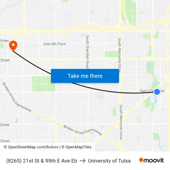 (8265) 21st St & 99th E Ave Eb to University of Tulsa map