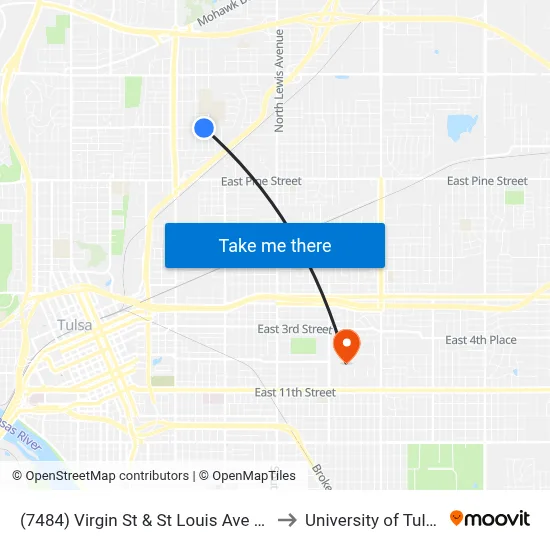 (7484) Virgin St & St Louis Ave Eb to University of Tulsa map