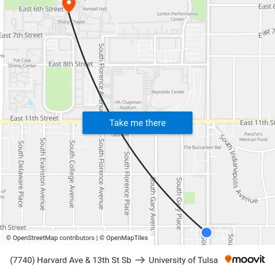 (7740) Harvard Ave & 13th St Sb to University of Tulsa map
