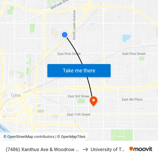 (7486) Xanthus Ave & Woodrow St Nb to University of Tulsa map