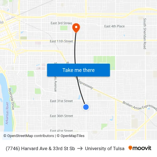 (7746) Harvard Ave & 33rd St Sb to University of Tulsa map