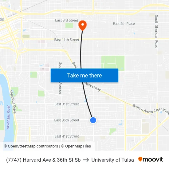 (7747) Harvard Ave & 36th St Sb to University of Tulsa map