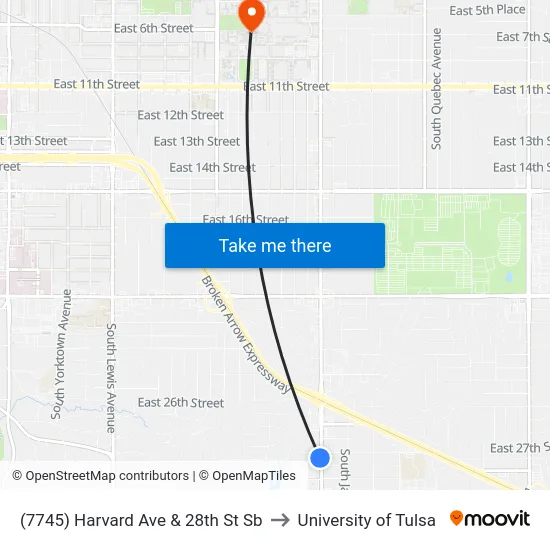 (7745) Harvard Ave & 28th St Sb to University of Tulsa map