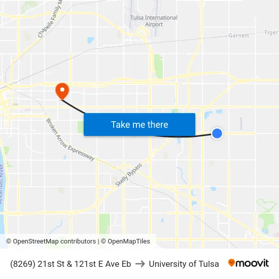 (8269) 21st St & 121st E Ave Eb to University of Tulsa map