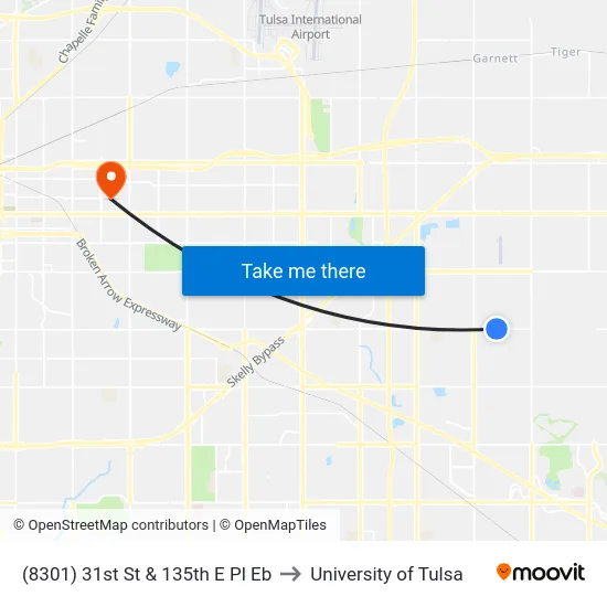 (8301) 31st St & 135th E Pl Eb to University of Tulsa map