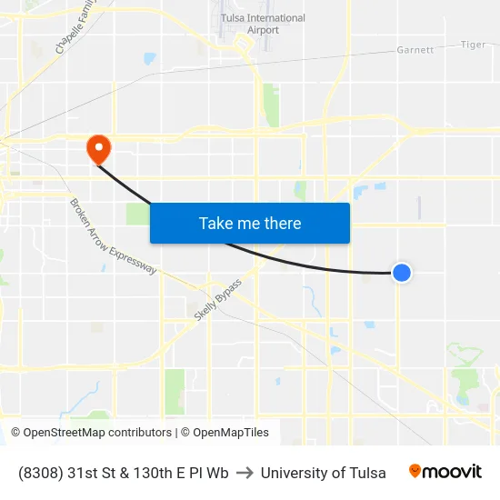 (8308) 31st St & 130th E Pl Wb to University of Tulsa map