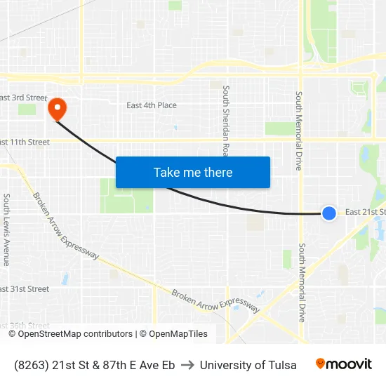 (8263) 21st St & 87th E Ave Eb to University of Tulsa map