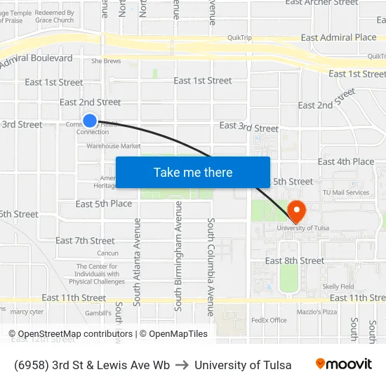 (6958) 3rd St & Lewis Ave Wb to University of Tulsa map