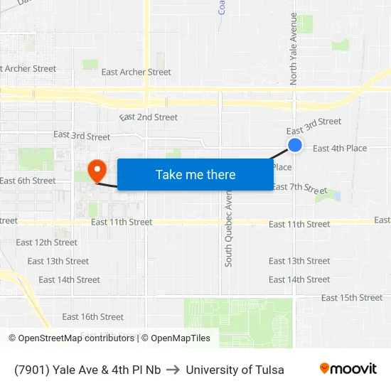 (7901) Yale Ave & 4th Pl Nb to University of Tulsa map