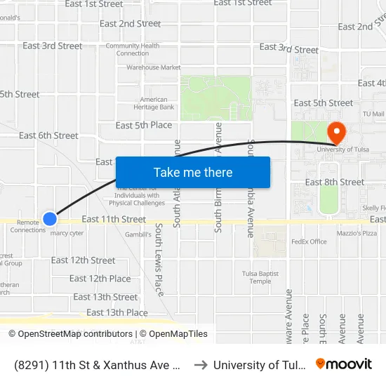 (8291) 11th St & Xanthus Ave Wb to University of Tulsa map