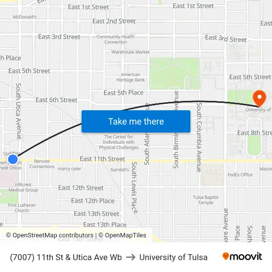(7007) 11th St & Utica Ave Wb to University of Tulsa map
