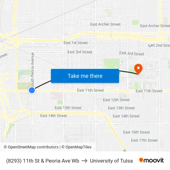 (8293) 11th St & Peoria Ave Wb to University of Tulsa map