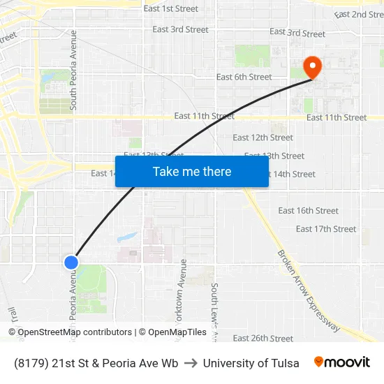 (8179) 21st St & Peoria Ave Wb to University of Tulsa map