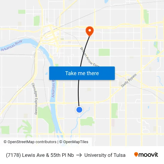 (7178) Lewis Ave & 55th Pl Nb to University of Tulsa map