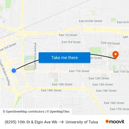 (8295) 10th St & Elgin Ave Wb to University of Tulsa map