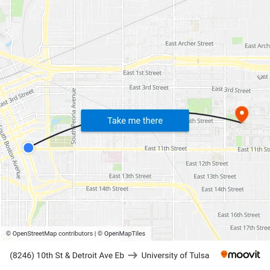 (8246) 10th St & Detroit Ave Eb to University of Tulsa map