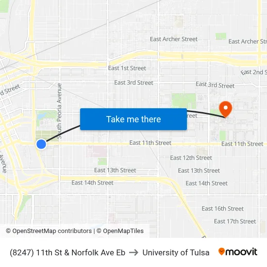 (8247) 11th St & Norfolk Ave Eb to University of Tulsa map