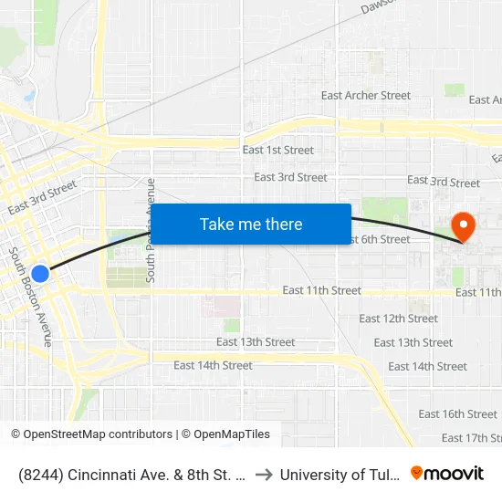 (8244) Cincinnati Ave. & 8th St. Sb to University of Tulsa map