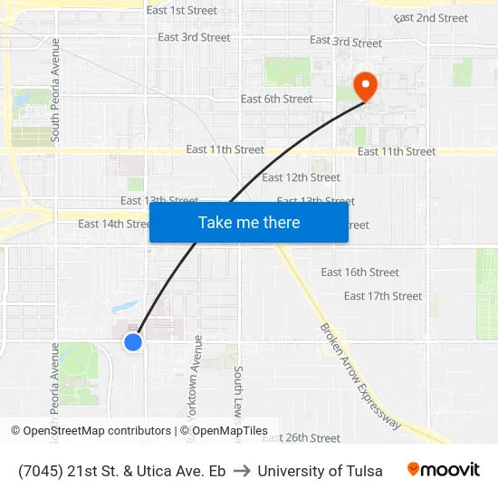 (7045) 21st St. & Utica Ave. Eb to University of Tulsa map