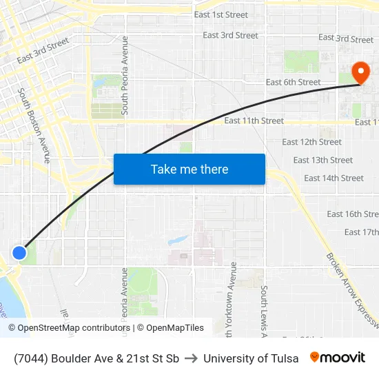 (7044) Boulder Ave & 21st St Sb to University of Tulsa map