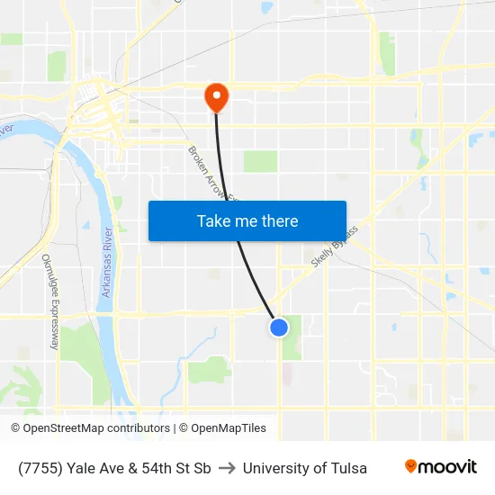 (7755) Yale Ave & 54th St Sb to University of Tulsa map