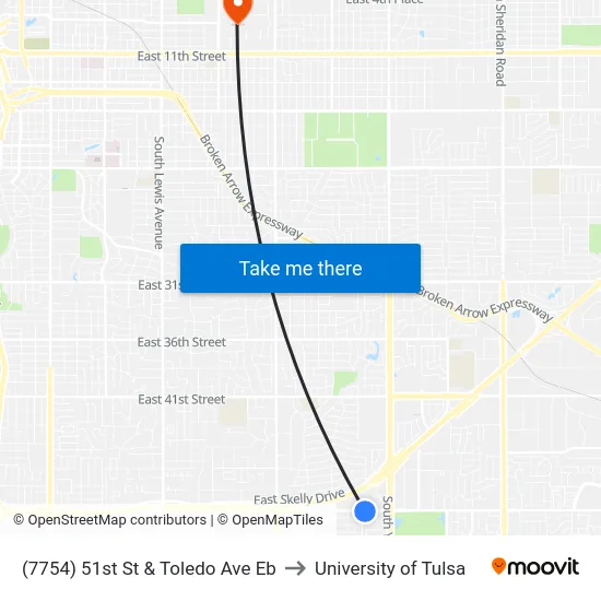 (7754) 51st St & Toledo Ave Eb to University of Tulsa map