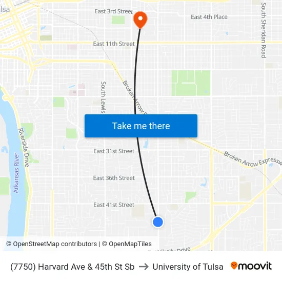 (7750) Harvard Ave & 45th St Sb to University of Tulsa map