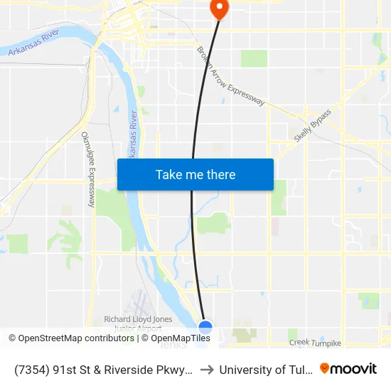 (7354) 91st St & Riverside Pkwy Eb to University of Tulsa map