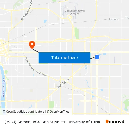 (7989) Garnett Rd & 14th St  Nb to University of Tulsa map