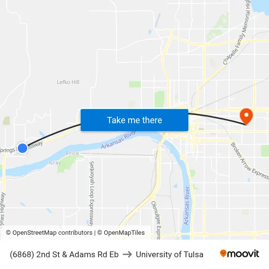 (6868) 2nd St & Adams Rd Eb to University of Tulsa map