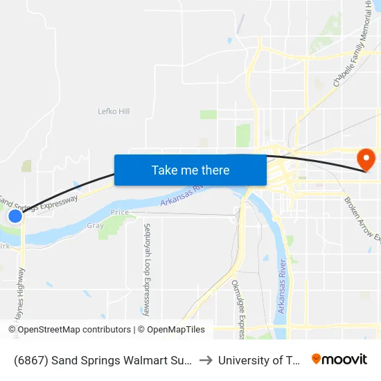 (6867) Sand Springs Walmart Subhub to University of Tulsa map