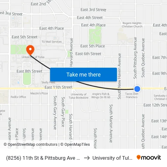 (8256) 11th St & Pittsburg Ave Eb to University of Tulsa map