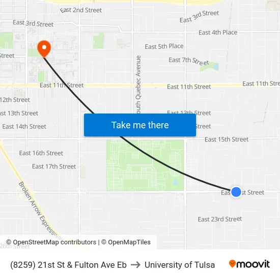 (8259) 21st St & Fulton Ave Eb to University of Tulsa map
