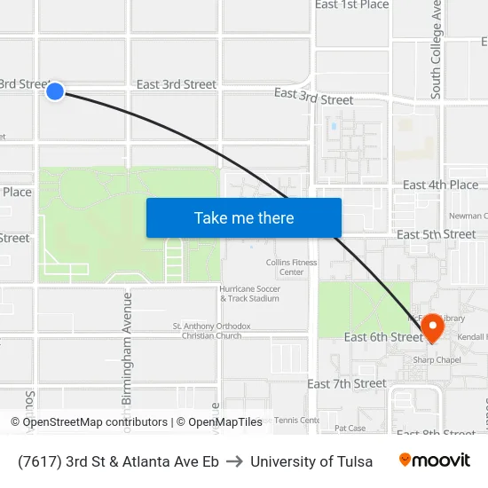 (7617) 3rd St & Atlanta Ave Eb to University of Tulsa map