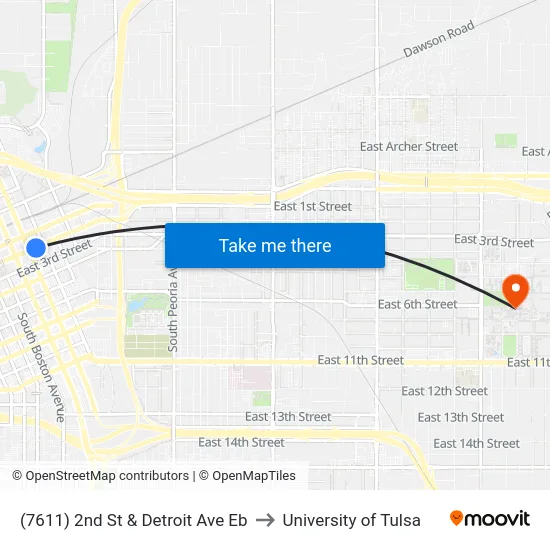 (7611) 2nd St & Detroit Ave Eb to University of Tulsa map