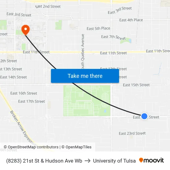 (8283) 21st St & Hudson Ave Wb to University of Tulsa map