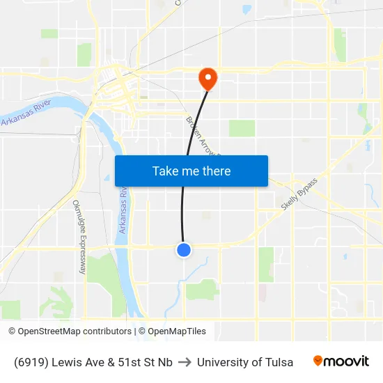 (6919) Lewis Ave & 51st St Nb to University of Tulsa map