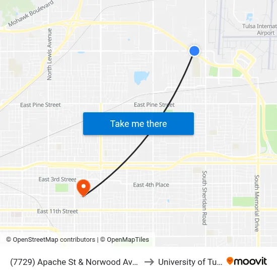 (7729) Apache St & Norwood Ave Wb to University of Tulsa map
