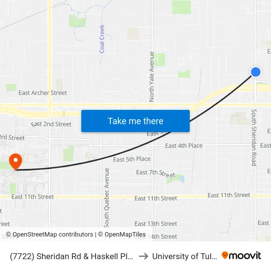 (7722) Sheridan Rd & Haskell Pl Nb to University of Tulsa map