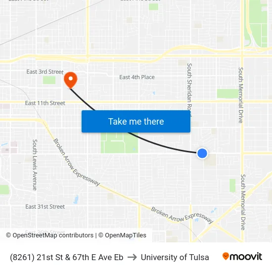 (8261) 21st St & 67th E Ave Eb to University of Tulsa map