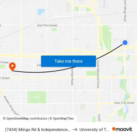 (7434) Mingo Rd &  Independence St Nb to University of Tulsa map