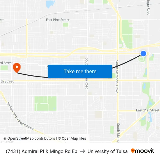 (7431) Admiral Pl & Mingo Rd Eb to University of Tulsa map