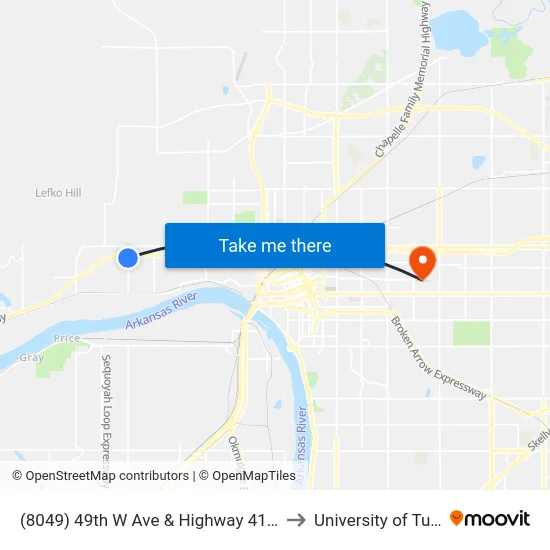 (8049) 49th W Ave & Highway 412 Sb to University of Tulsa map