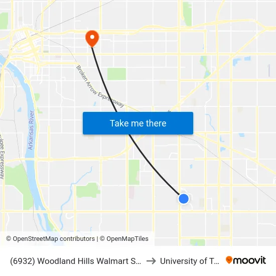 (6932) Woodland Hills Walmart Subhub to University of Tulsa map