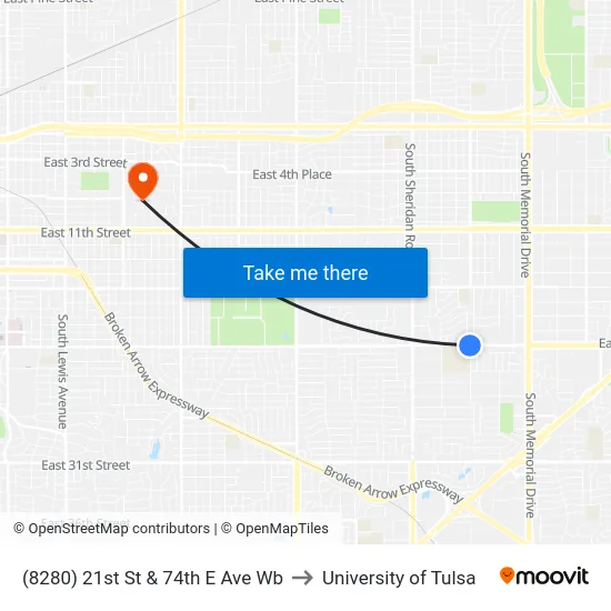 (8280) 21st St & 74th E Ave Wb to University of Tulsa map