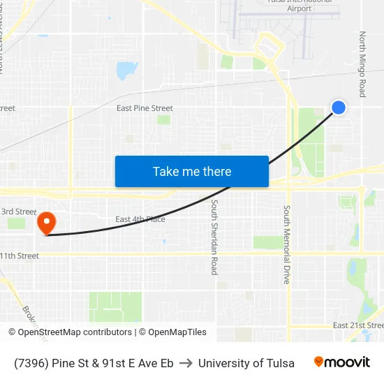 (7396) Pine St & 91st E Ave Eb to University of Tulsa map