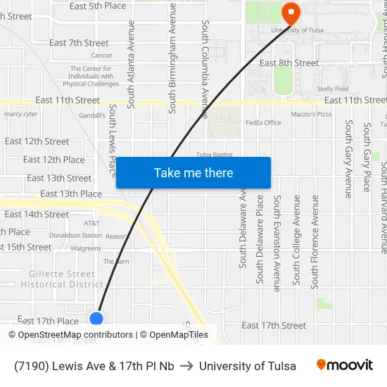 (7190) Lewis Ave & 17th Pl Nb to University of Tulsa map